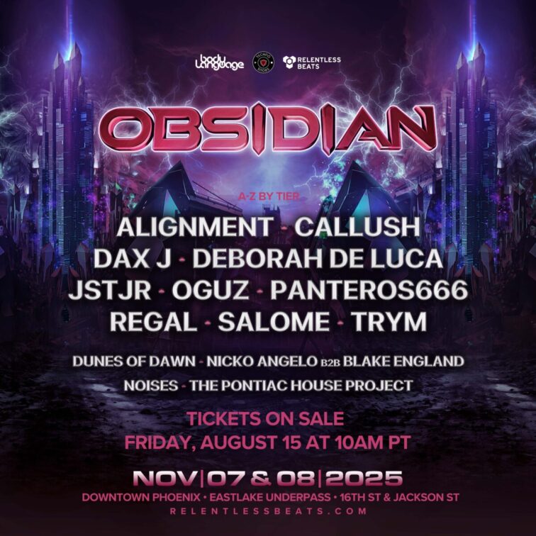 Body Language, Techno Snobs, & Relentless Beats presents Obsidian 2025 on Friday, November 7, 2025 at Eastlake Park in Phoenix, AZ.